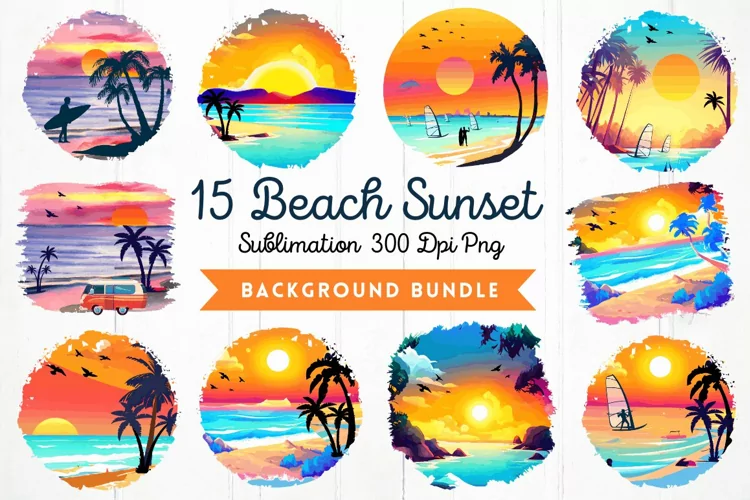 15 Beach Sunset Watercolor Sublimation Bundle