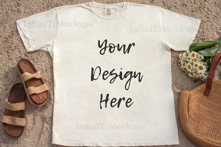 Beach tshirt mockup Comfort Colors Ivory 1717 flat lay