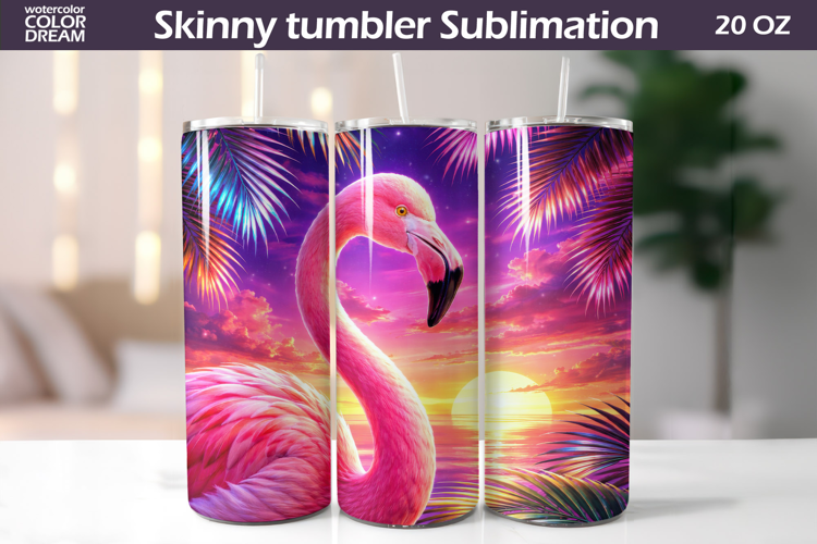 Neon Flamingo Sunset Tumbler | Tropical Sublimation Wrap