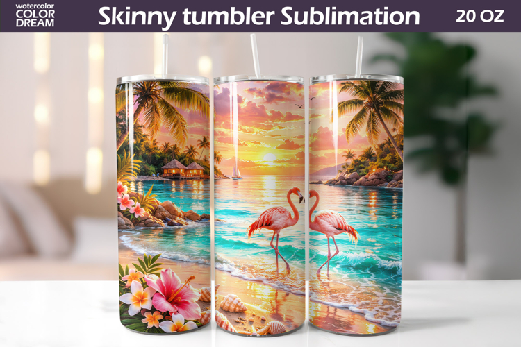 Flamingo Paradise Beach Tumbler | Tropical Sunset Sublimatio