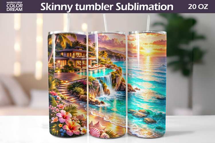 Tropical Beach Villa Tumbler | Ocean Sunset Sublimation
