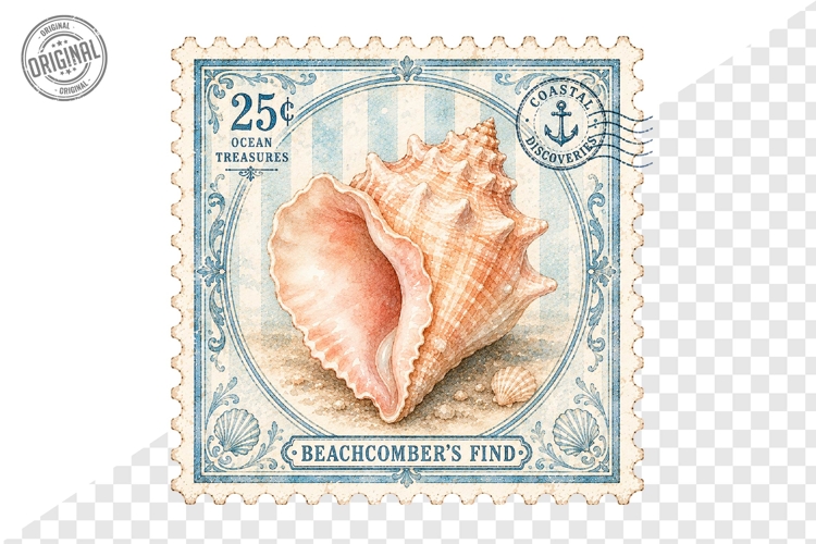 Beachcomber Shell Vintage Coastal Stamp PNG Artwork