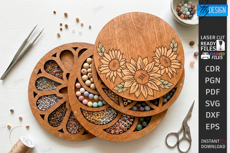 Bead Organizer Box Laser Cut | Bead Storage Box | Sunflowers