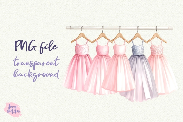 Pink Ballet Tulle Tutus Hanging on Wooden Rack PNG
