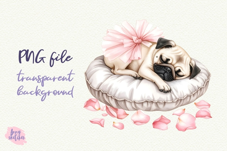 Sleeping Ballerina Pug on Pillow Clipart Ballet Coquette PNG
