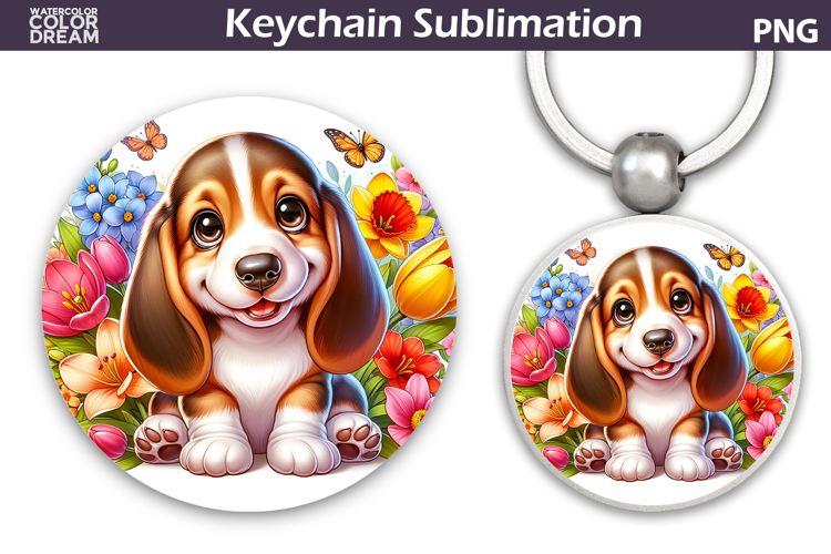 Beagle Round Keychain | Dog Floral Key Keychain