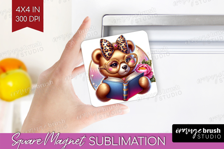 Bear Reading Magnet Sublimation Book Lover Square Magnet PNG