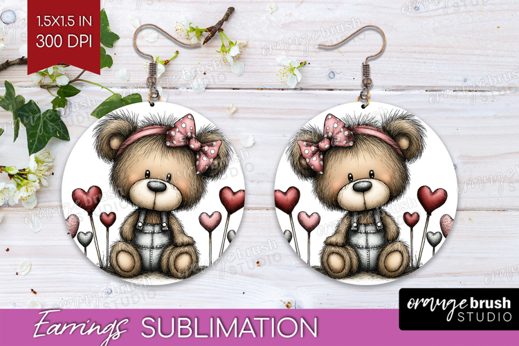 Bear Valentine Round Earrings Whimsical Animal PNG