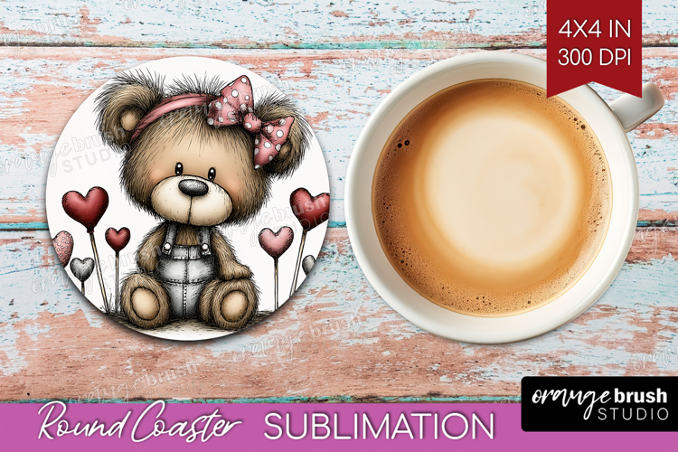 Bear Valentine Round Coaster Whimsical Animal Coaster PNG