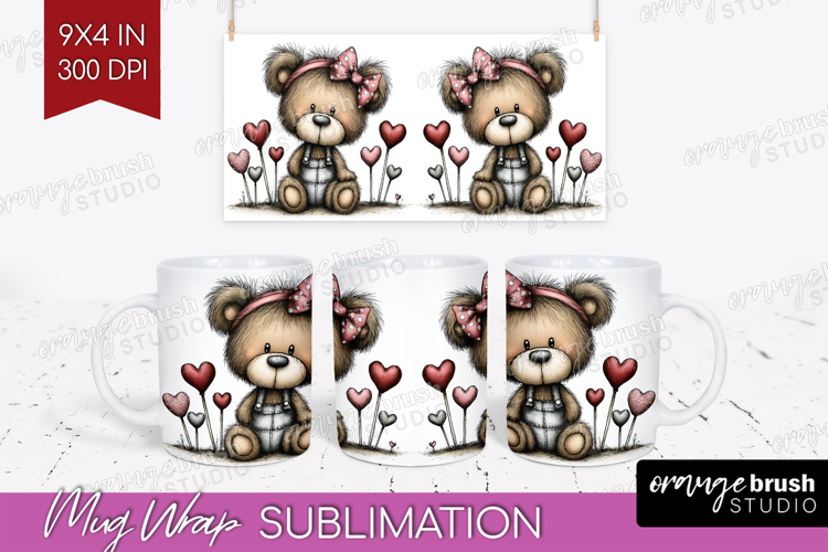 Bear Valentine Mug Wrap Whimsical Animal Mug PNG Sublimation