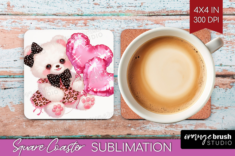 Bear Valentine Square Coaster Cute Valentines Day Coaster