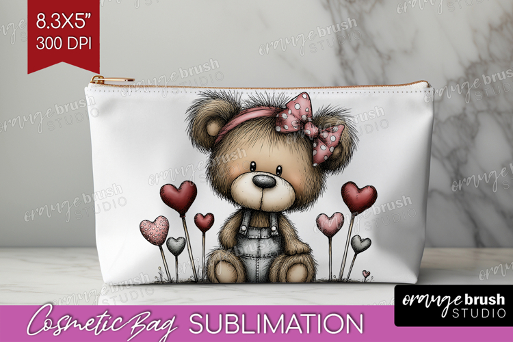 Bear Valentine Cosmetic Bag Whimsical Animal Makeup Bag PNG