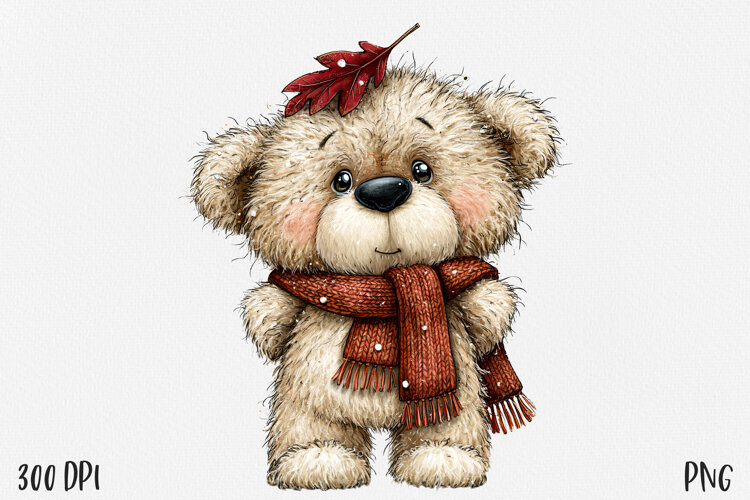 Autumn Bear PNG, Cute Bear Cub Clipart, Cozy Red Scarf Fall example image 1