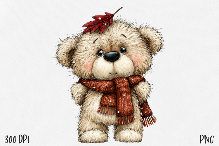 Autumn Bear PNG, Cute Bear Cub Clipart, Cozy Red Scarf Fall
