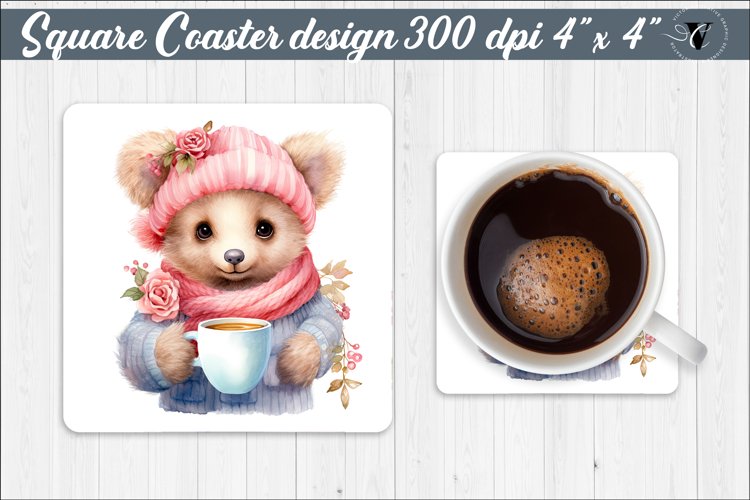 Square Coaster | Bear and coffee