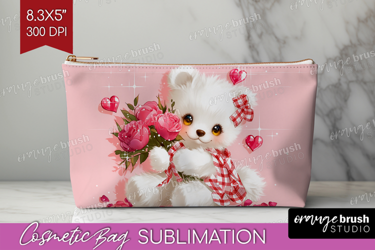 Bear and Roses Valentine Cosmetic Bag Cute Valentines Day