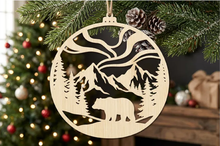 Bear Aurora Christmas Ornament SVG, Holiday Laser Cut File