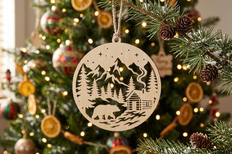 Bear Cabin Christmas Ornament SVG, Holiday Laser Cut File example image 1