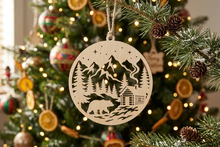 Bear Cabin Christmas Ornament SVG, Holiday Laser Cut File