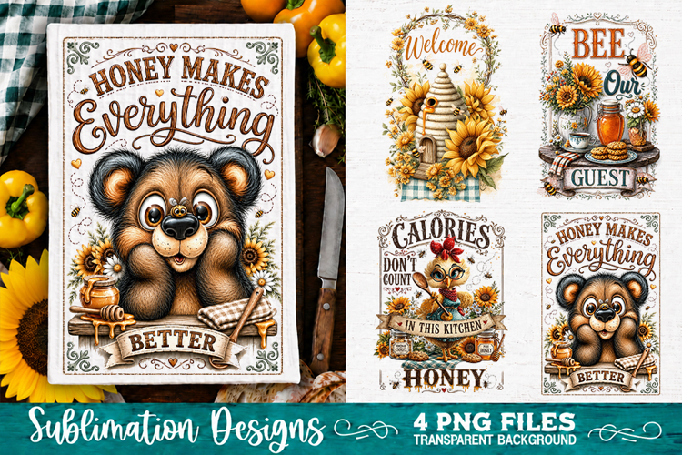 Sunflower Kitchen Towels PNG Sublimation Designs 4 Files