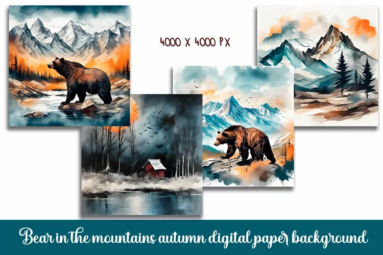 Bear in the mountains. Watercolor digital backdrop