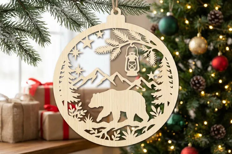 Bear Lantern Christmas Ornament SVG, Holiday Laser Cut File