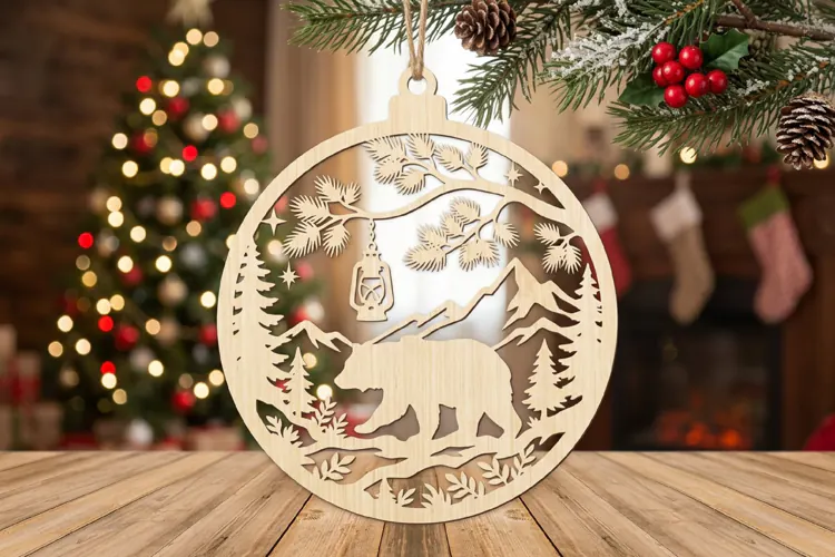 Bear Lantern Christmas Ornament SVG, Holiday Laser Cut File