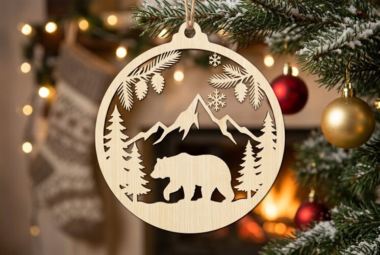 Bear Mountain Christmas Ornament SVG, Holiday Laser Cut example image 1