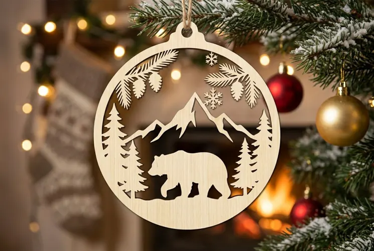 Bear Mountain Christmas Ornament SVG, Holiday Laser Cut
