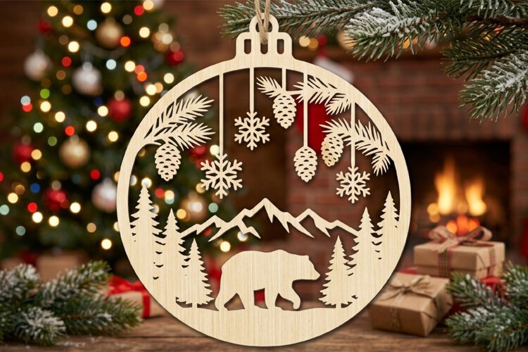 Bear Mountain Christmas Ornament SVG, Holiday Laser Cut example image 1