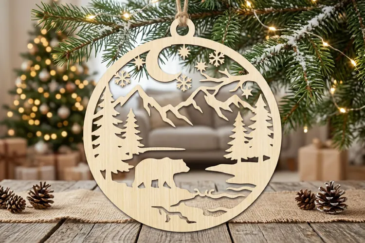 Bear Mountain Christmas Ornament SVG, Holiday Laser Cut