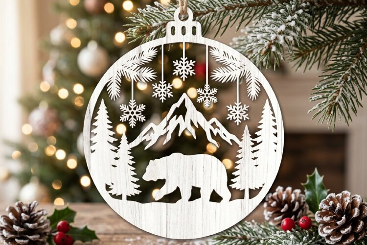Bear Mountain Christmas Ornament SVG, Holiday Laser Cut example image 1