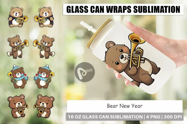 Glass Can Wraps Bear New Year