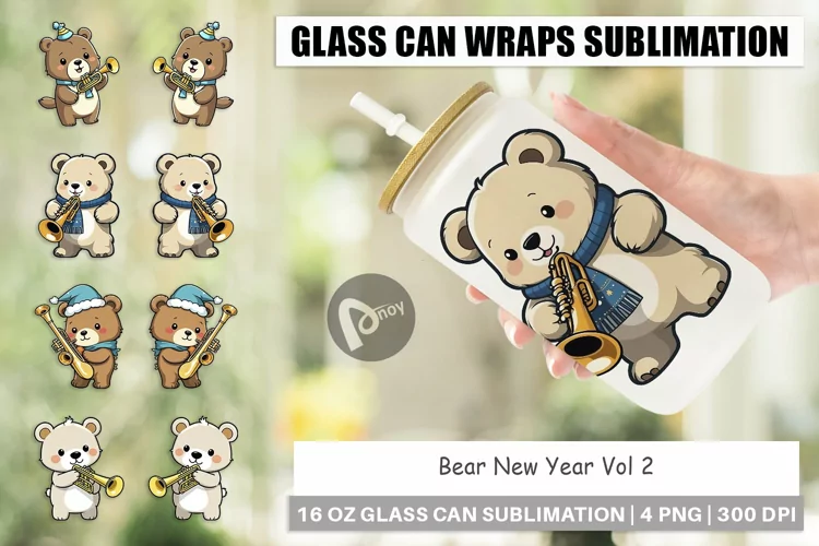 Glass Can Wraps Bear New Year