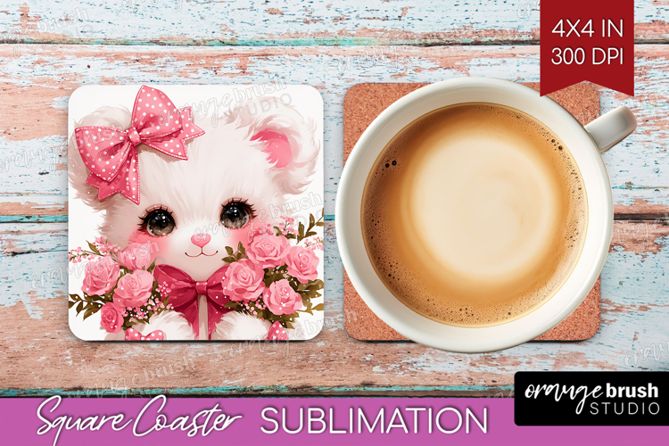 Bear Roses Valentine Square Coaster Cute Valentines Day PNG