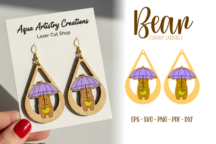 Bear under Umbrella Earrings, Bear Laser Cut Earrings, SVG