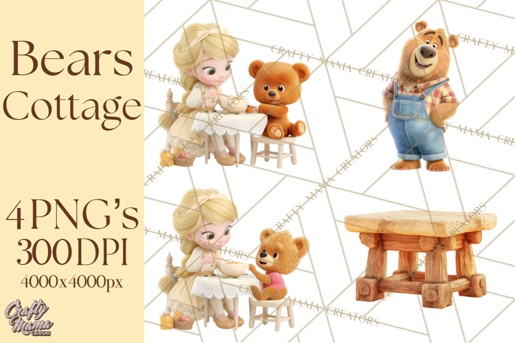 Fairy Tale Storybook Bears Cottage Clipart PNG