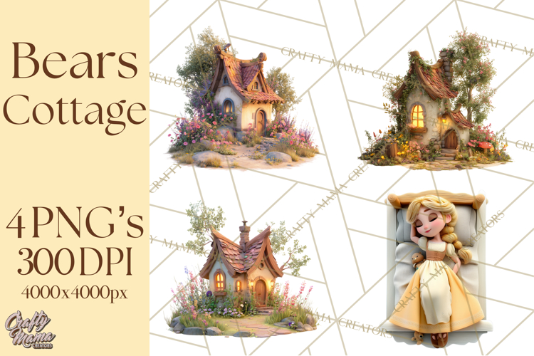 Fairy Tale Storybook Bears Cottage Clipart PNG