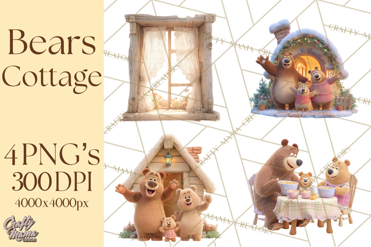 Fairy Tale Storybook Bears Cottage Clipart PNG