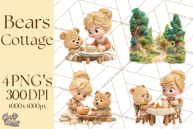 Fairy Tale Storybook Bears Cottage Clipart PNG