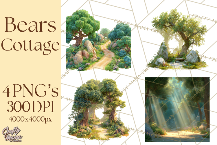 Fairy Tale Storybook Bears Cottage Clipart PNG