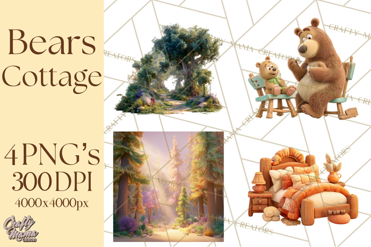 Fairy Tale Storybook Bears Cottage Clipart PNG