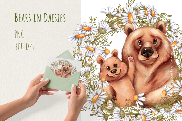 Charming Bears in Daisies Illustration PNG