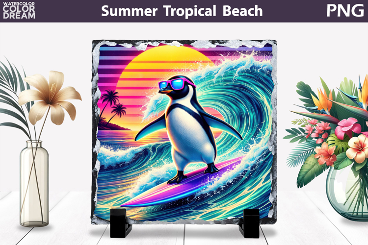 Retro Penguin Beach Sunset | Tropical Summer Sublimation