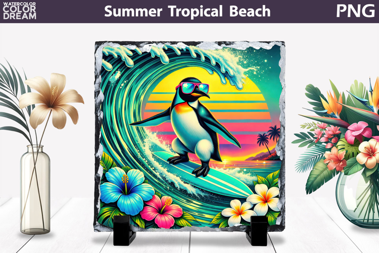 Retro Penguin Beach Sunset | Tropical Summer Sublimation