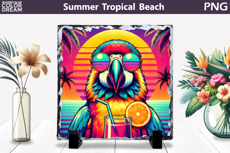 Retro Scarlet Macaw Beach Sunset | Tropical Summer Sublimati