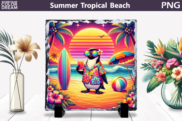 Retro Penguin Beach Sunset | Tropical Summer Sublimation