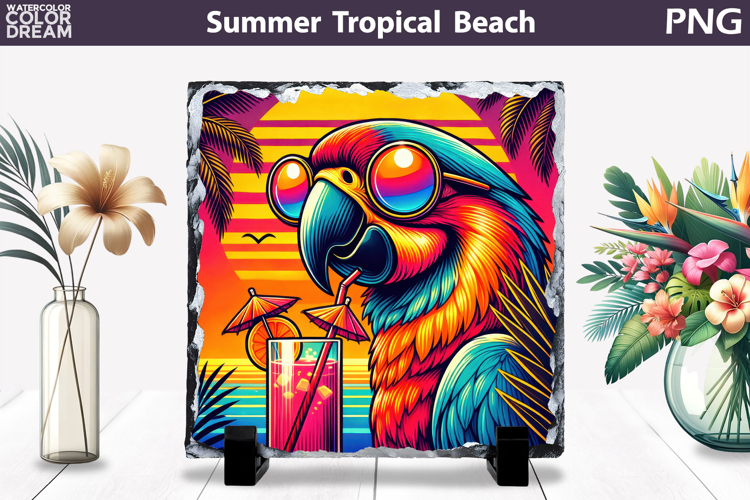Retro Scarlet Macaw Beach Sunset | Tropical Summer Sublimati