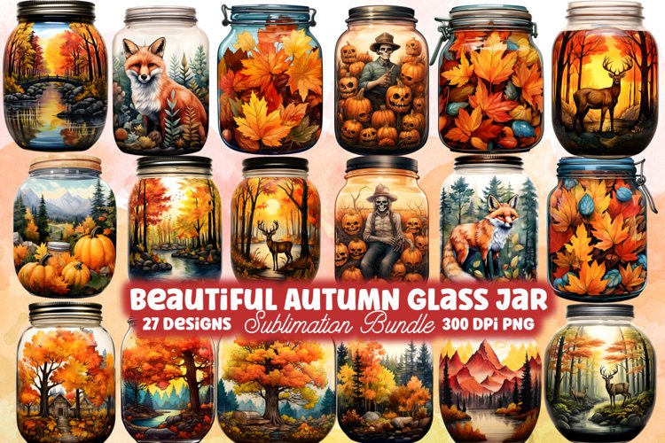 Beautiful Autumn Glass Jar Sublimation, Watercolor Clipart