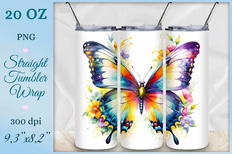 Watercolor Butterfly Tumbler Wrap, Sublimation Design, Png